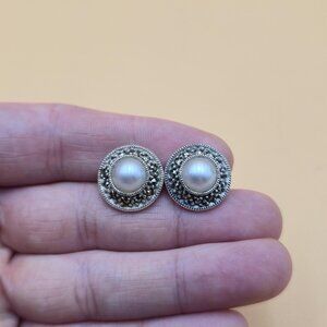 Sterling Silver Pearl With Marcasite Gems Large Stud Earrings A5628